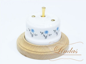 Выключатель керамика тумблерный 1 кл. перекрестный, Белый/Васильки с латунной ручкой, Lindas 34618-G