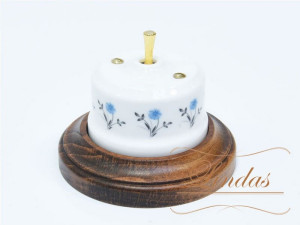 Выключатель керамика тумблерный 1 кл. перекрестный, Белый/Васильки с латунной ручкой, Lindas 34618-G