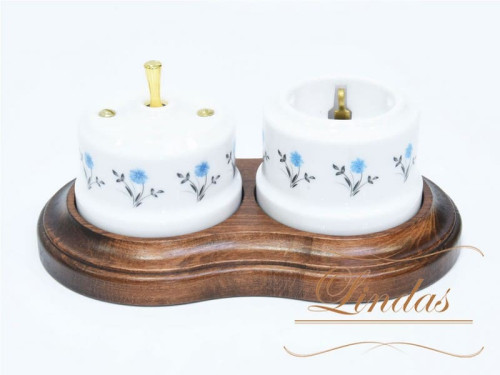Выключатель керамика тумблерный 1 кл. перекрестный, белый/васильки с латунной ручкой Lindas 34618-G