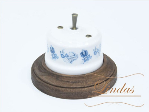 Выключатель керамика тумблерный 1 кл., белый/гжель с бронзовой ручкой Lindas 34419-B