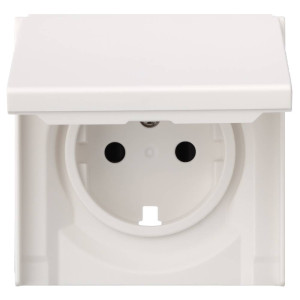 Лицевая панель розетки с З/К с крышкой, Белый сатин, Rikett 35634 MW