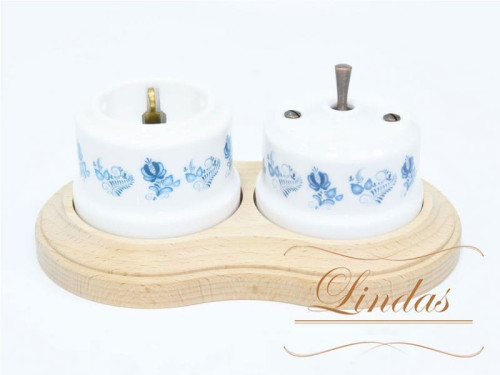 Выключатель керамика тумблерный 1 кл., белый/гжель с медной ручкой Lindas 34419-C