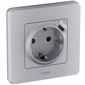 Розетка с З/К со встроенной USB зарядкой, алюминий, INSPIRIA Legrand 673772