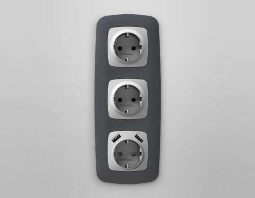 Лицевая панель розетки с З/К и USB зарядкой А+А с шторками, Серебро глянец, OMEGA Quant Ambrella Volt OP4090