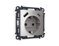Розетка с З/К и USB зарядкой А+С с шторками, Сталь матовый, ALFA Quant Ambrella Volt MA510010