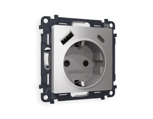 Розетка с З/К и USB зарядкой А+С с шторками, Сталь матовый, ALFA Quant Ambrella Volt MA510010