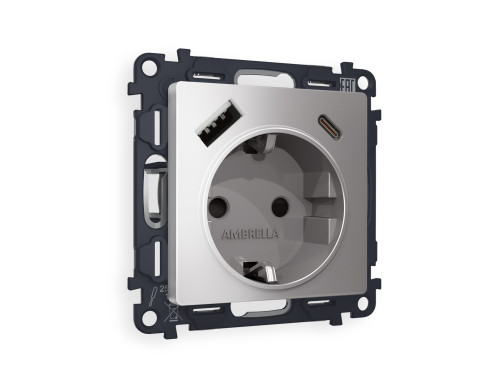 Розетка с З/К и USB зарядкой А+С с шторками, Сталь матовый, ALFA Quant Ambrella Volt MA510010