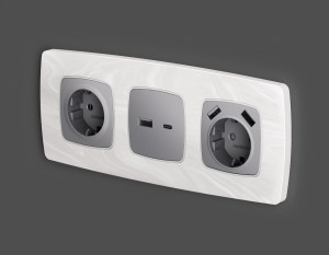 Лицевая панель розетки с З/К и USB зарядкой А+А с шторками, Сталь матовый, OMEGA Quant Ambrella Volt OP5090