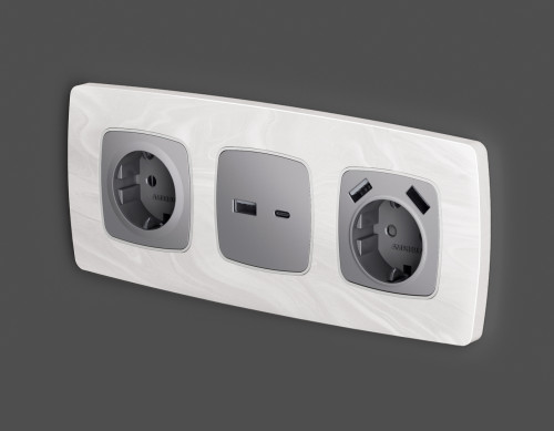 Лицевая панель розетки с З/К и USB зарядкой А+А с шторками, Сталь матовый, OMEGA Quant Ambrella Volt OP5090