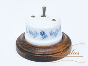 Выключатель керамика тумблерный 1 кл. перекрестный, Белый/Гжель с бронзовой ручкой, Lindas 34619-B