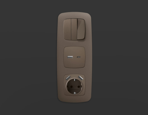 Лицевая панель розетки с З/К и USB зарядкой А+А с шторками, Темная бронза матовый, OMEGA Quant Ambrella Volt OP6390