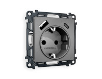 Розетка с З/К и USB зарядкой А+С с шторками, Антрацит серый, ALFA Quant Ambrella Volt MA660010