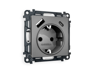 Розетка с З/К и USB зарядкой А+С с шторками, Антрацит серый, ALFA Quant Ambrella Volt MA660010