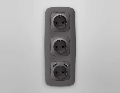 Лицевая панель розетки с З/К и USB зарядкой А+А с шторками, Антрацит серый, OMEGA Quant Ambrella Volt OP6590