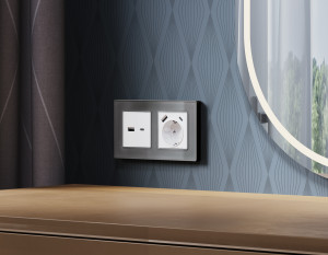Лицевая панель розетки с З/К и USB зарядкой А+C с шторками, Белый матовый, ALFA Quant Ambrella Volt AP1300