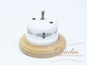 Выключатель керамика тумблерный 1 кл. проходной, Белый/Черный орн. с медной ручкой, Lindas 34520-C