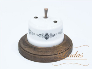 Выключатель керамика тумблерный 1 кл. проходной, Белый/Черный орн. с медной ручкой, Lindas 34520-C