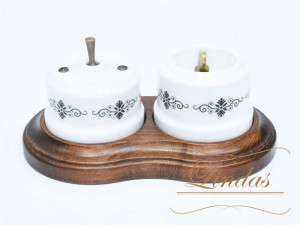 Выключатель керамика тумблерный 1 кл. проходной, Белый/Черный орн. с медной ручкой, Lindas 34520-C