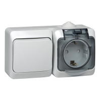 Блок розетка с З/К + выключатель 1 кл проходной, IP44, Серый, Этюд SE BPA16-246C