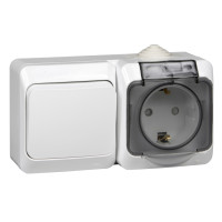 Блок розетка с З/К + выключатель 1 кл проходной, IP44, Белый, Этюд SE BPA16-246B