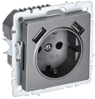 Розетка с З/К и USB зарядкой, тип А+А 2,1А, Сталь, Brite IEK BR-R14-16-U21-D21-K46