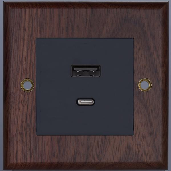 Розетка USB для быстрой зарядки Type A+C, Oрех, Zaragoza Salvador WBY3B3A12