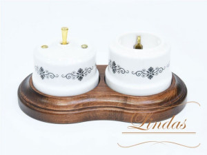 Выключатель керамика тумблерный 1 кл. перекрестный, Белый/Черный орн. с латунной ручкой, Lindas 34620-G