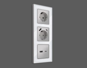 Лицевая панель розетки с З/К и USB зарядкой А+C с шторками, Серебро глянец, ALFA Quant Ambrella Volt AP4100