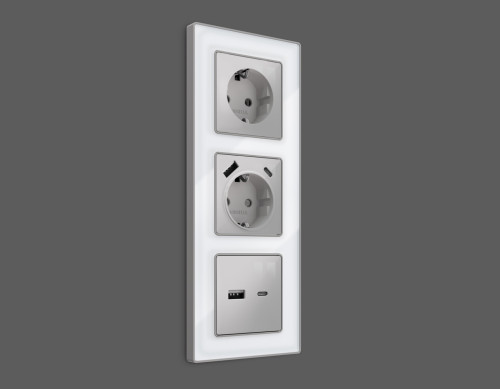 Лицевая панель розетки с З/К и USB зарядкой А+C с шторками, Серебро глянец, ALFA Quant Ambrella Volt AP4100