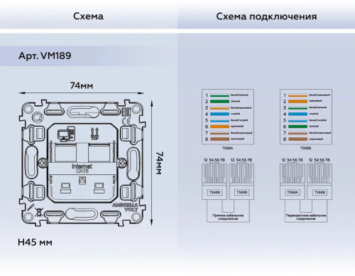 Механизм розетки комп. 2-ой RJ45 Cat. 6, Quant Ambrella Volt VM189