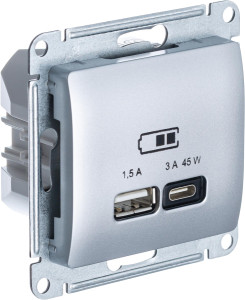 Розетка USB для быстрой зарядки, тип A+C 45ВТ, Алюминий, Glossa SE GSL000329