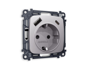 Розетка с З/К и USB зарядкой А+С с шторками, Сталь матовый, OMEGA Quant Ambrella Volt MO510010