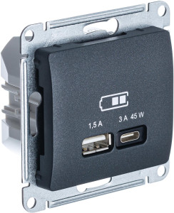 Розетка USB для быстрой зарядки, тип A+C 45ВТ, Антрацит, Glossa SE GSL000729