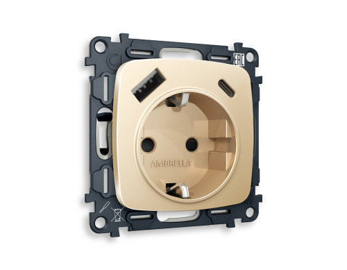 Розетка с З/К и USB зарядкой А+С с шторками, Шампань, OMEGA Quant Ambrella Volt MO610010